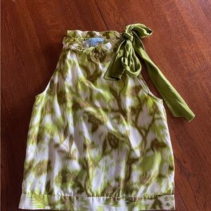 Antonio Melani Green and White Silk Neck-Tie Blouse